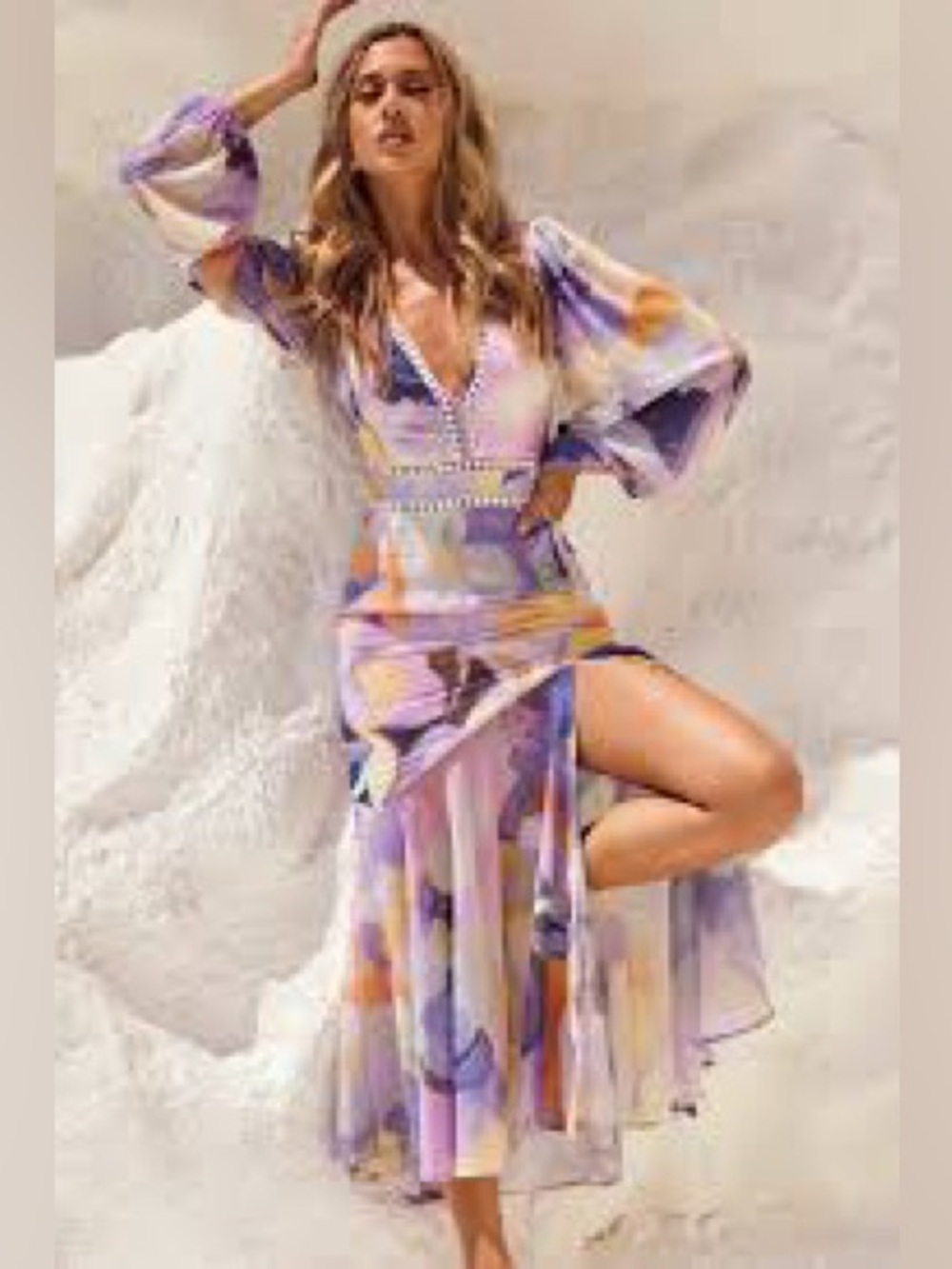 Sage + Paige Purple Watercolor Floral Sleeve Maxi Dress Size US M (AU 10)